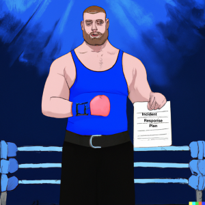 A boxer standing in the boxing ring, holding a document titled 'Incident Response Plan'. Image generated by OpenAI Dall-E