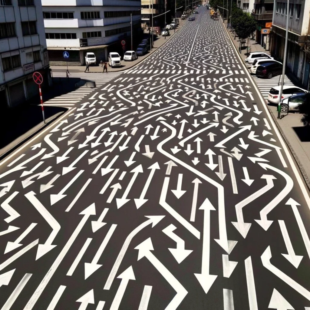 A road with lots of confusing arrows painted on it. Image generated by Dall-E.