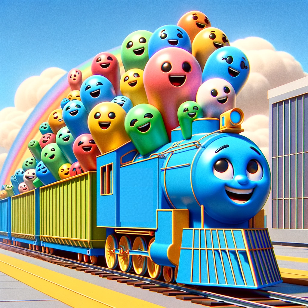 DALLE-Data as little smiling characters loaded onto a train