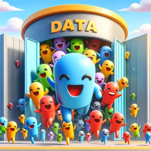 DALLE - Data as little smiling characters. These characters are colorful and lively, with faces displaying joy and excitement