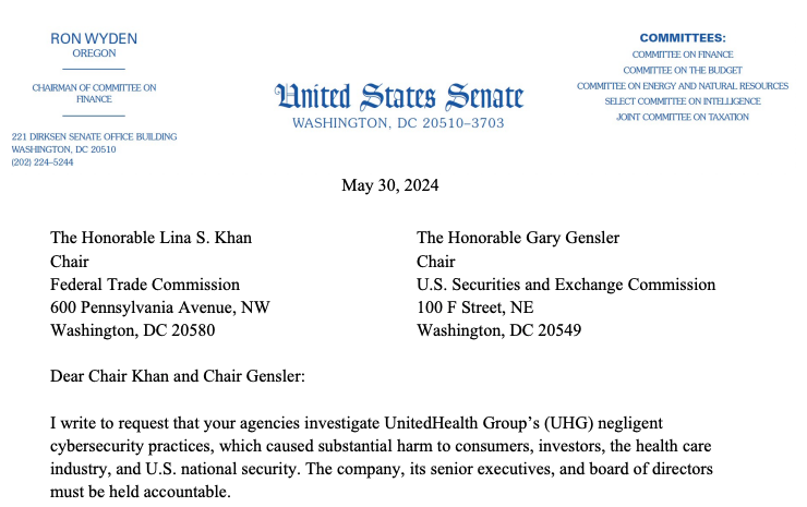 Screenshot of the header of the letter sent by the senator to the FTC and SEC.