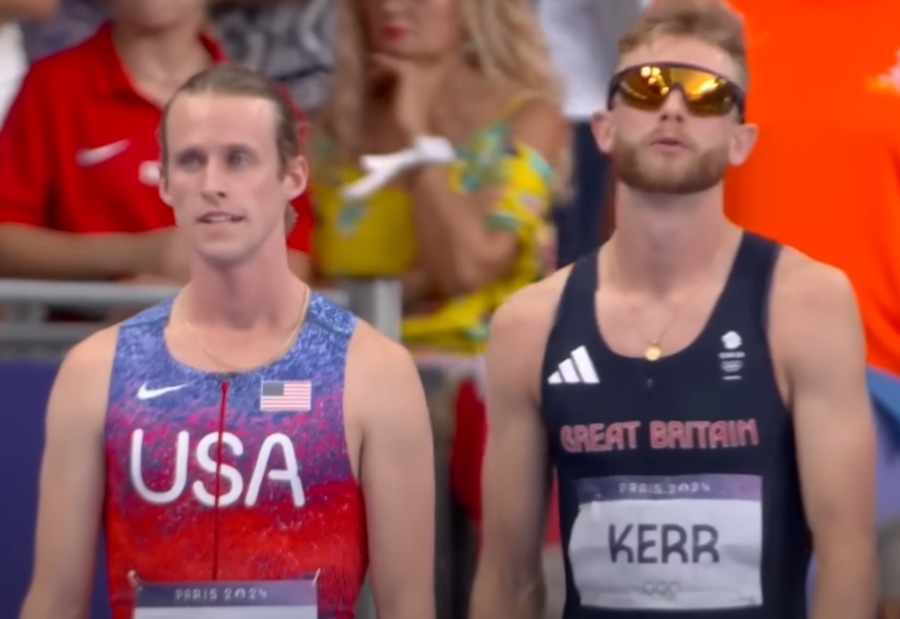 The start line of the Olympics 1500m final race, showing Hocker and Kerr at the start line.