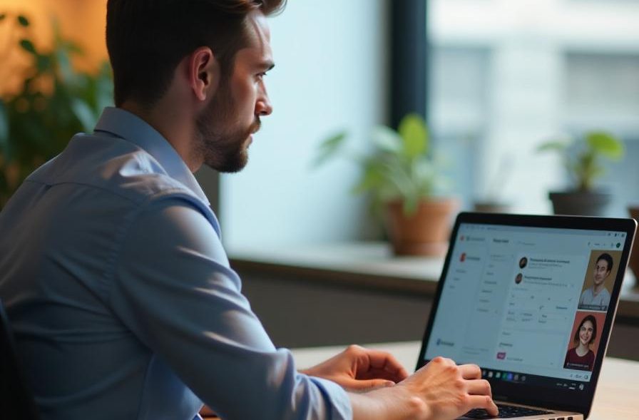 Office worker using a laptop to meet colleagues on a video conference call